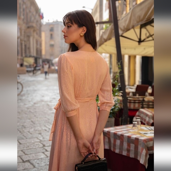 NWT Gaâla Paris Annabelle Silk Chiffon Wrap Midi Dress Ivory Gold Small/Medium - Picture 3 of 11